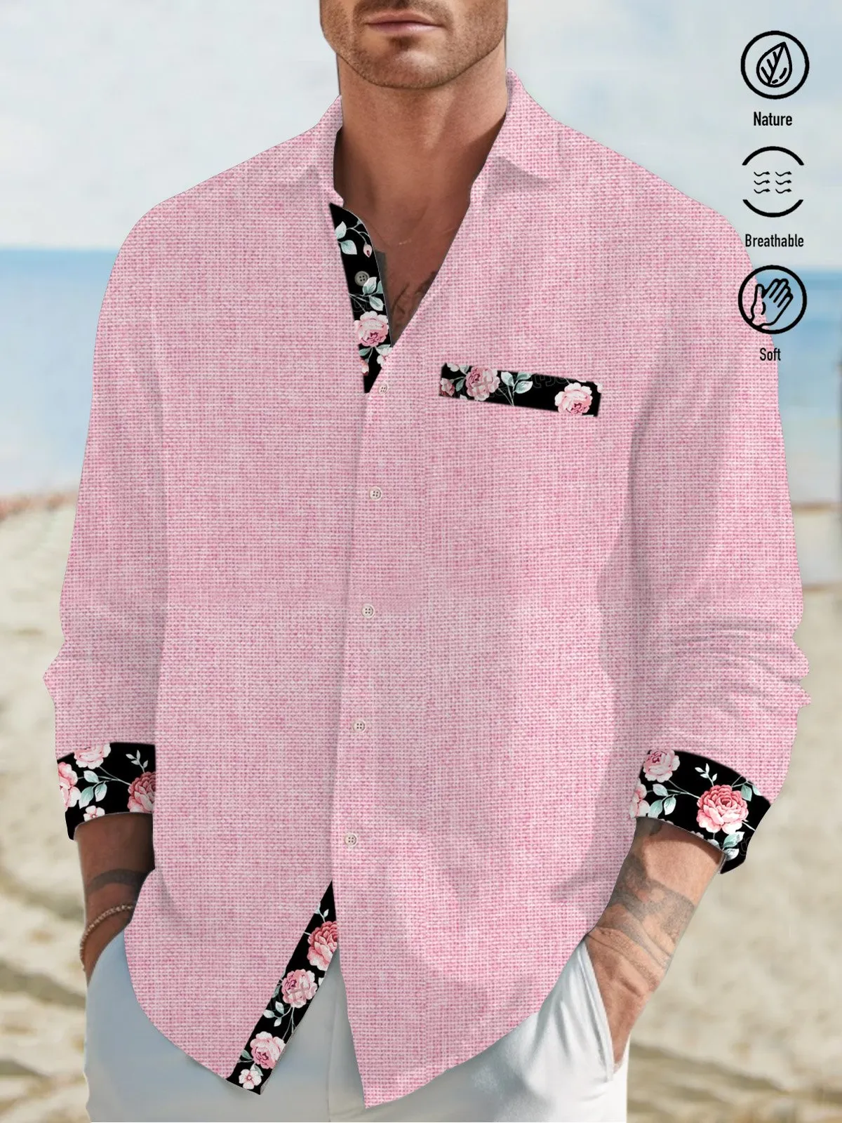 Alohadaddy Floral Print Men's Button Pocket Long Sleeve Shirt