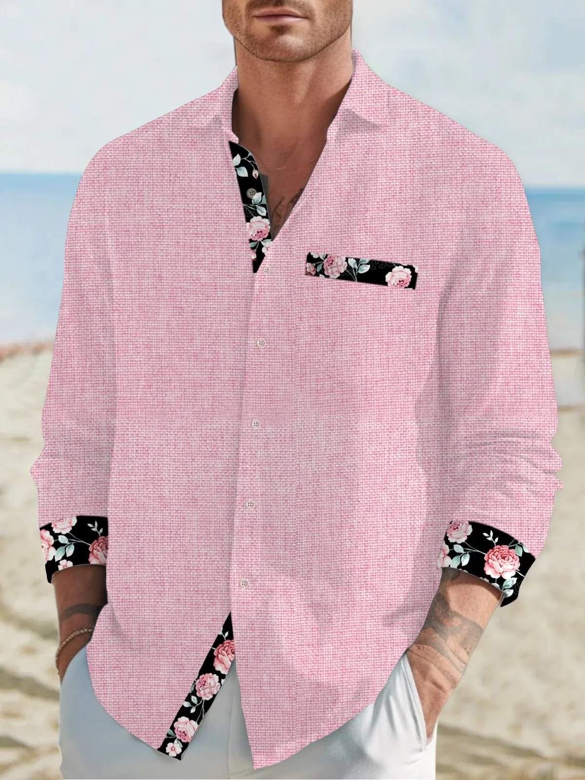 Alohadaddy Floral Print Men's Button Pocket Long Sleeve Shirt