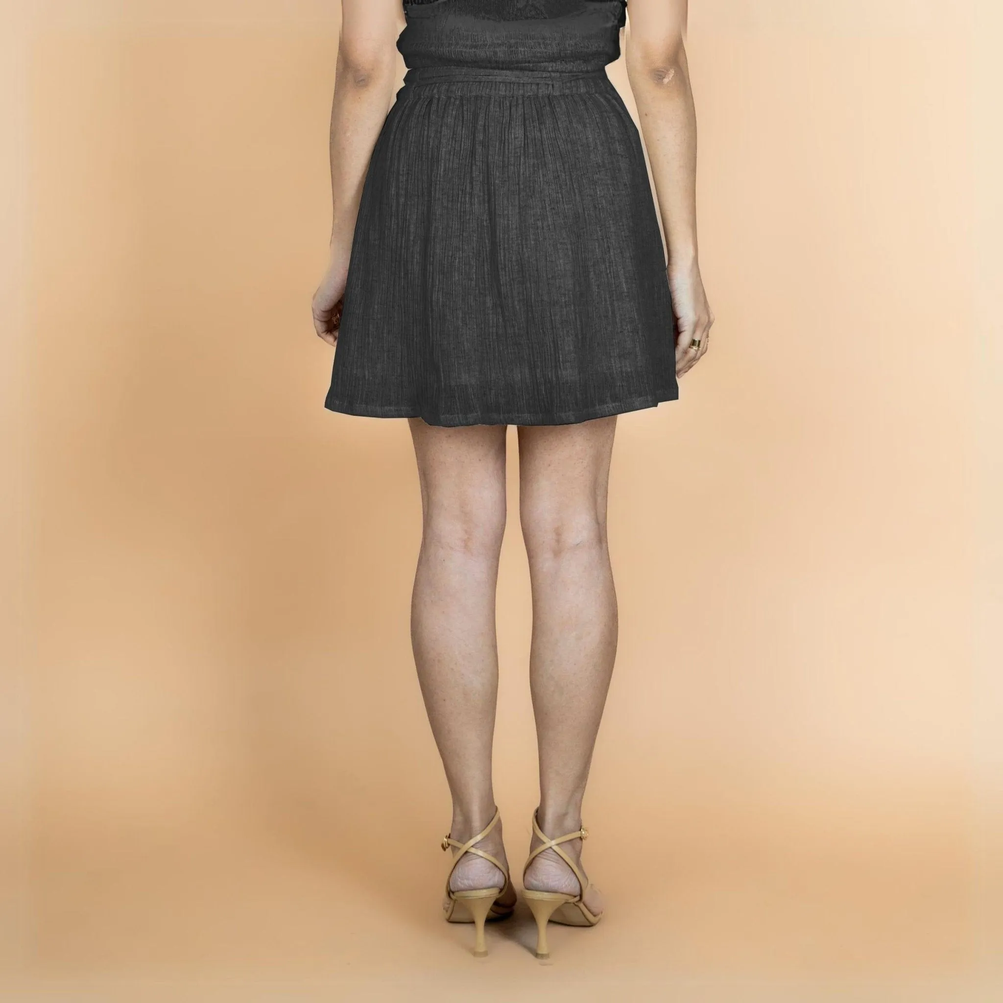 Black Crinkled Cotton Flax High-Rise Skater Mini Skirt