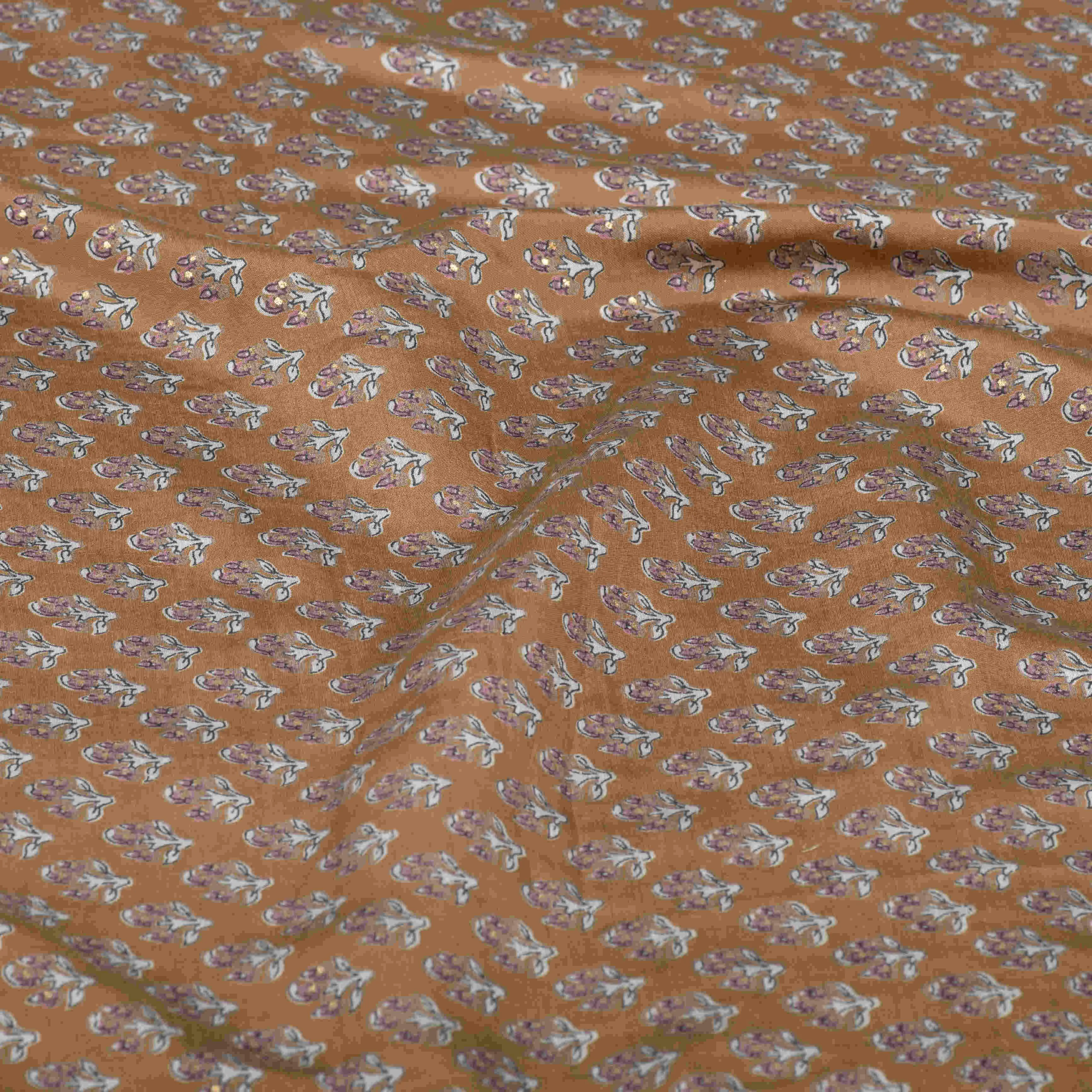 Brown Flower Motifs Printed Modal Silk Cotton Fabric
