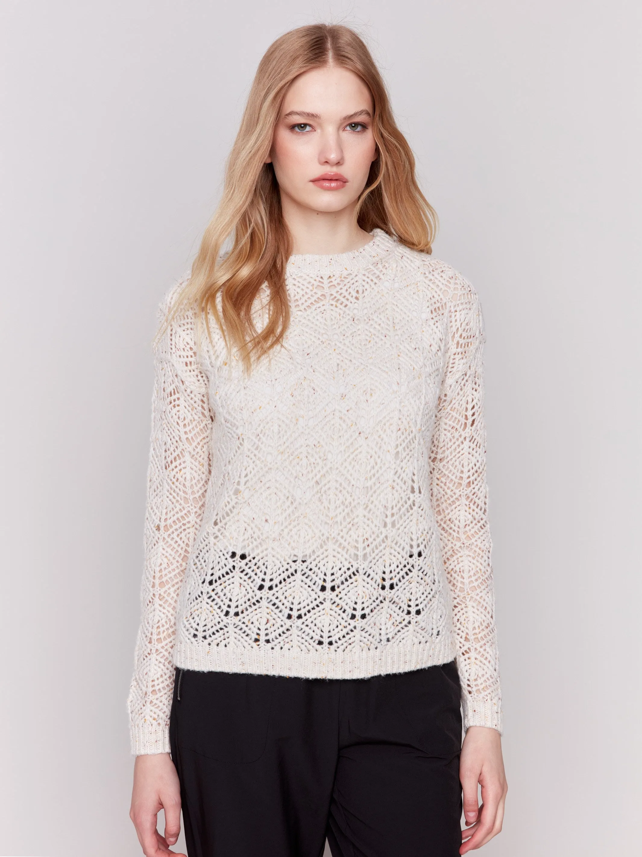 Crochet Knit Sweater - Oatmeal - H-Oatmeal