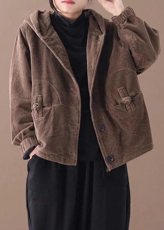 Fine Coffee Hooded Corduroy Winter Coats Warm Outwear