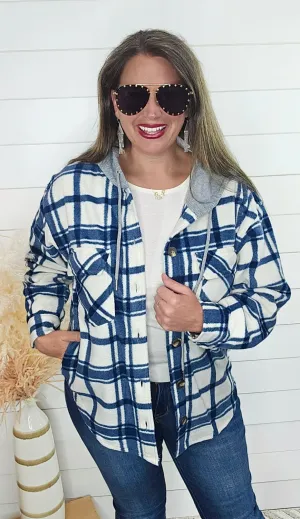NAVY/IVORY PLUSH BUSHED KNIT HOODED SHACKET