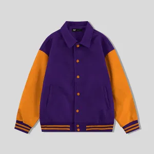 Purple Byron Collar Wool & Leather Varsity Jacket Orange Sleeves - Jack N Hoods