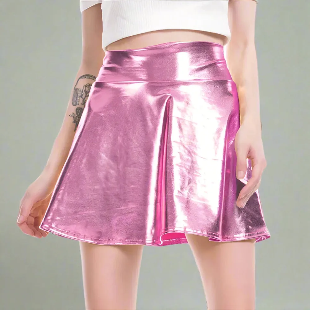 Shiny Metallic Pink Color Raver Mini Skirts