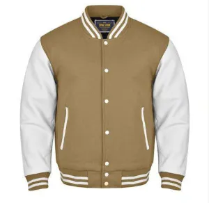 Spine Spark Camel Brown Wool Varsity Jacket White Leather Sleeves