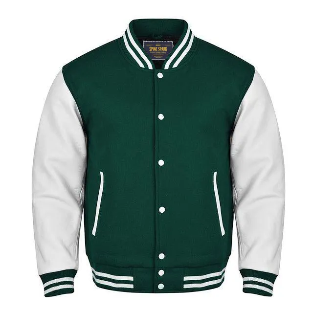 Spine Spark Forest Green Wool Varsity Jacket White Leather Sleeves
