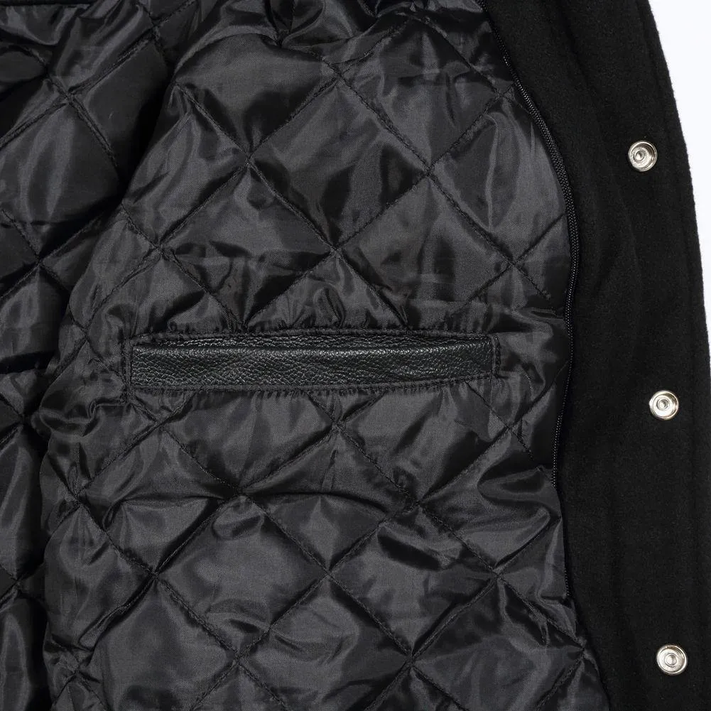 Spine Spark Forest Green Wool Varsity Jacket White Leather Sleeves