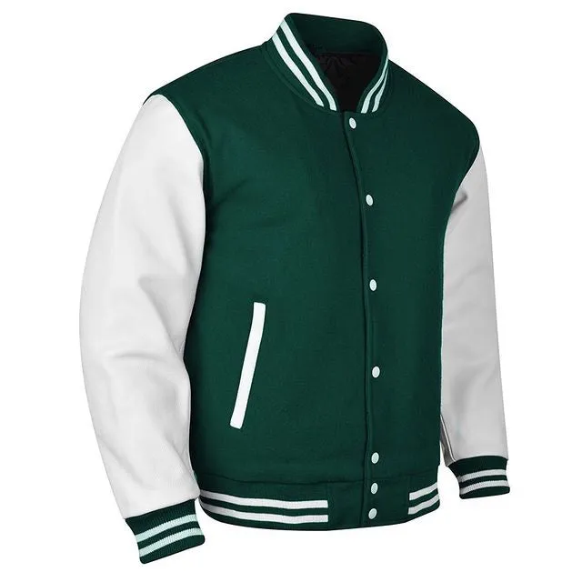 Spine Spark Forest Green Wool Varsity Jacket White Leather Sleeves