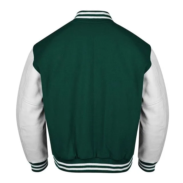 Spine Spark Forest Green Wool Varsity Jacket White Leather Sleeves