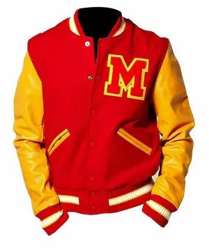 Spine Spark Michael Jackson Red Wool Varsity Jacket Yellow Leather Sleeves