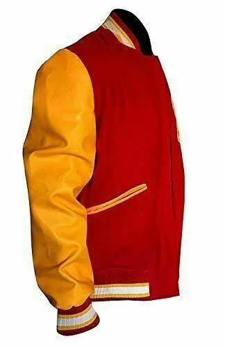 Spine Spark Michael Jackson Red Wool Varsity Jacket Yellow Leather Sleeves