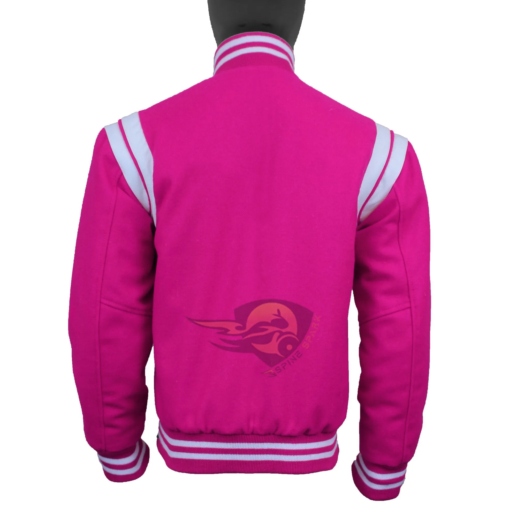 Spine Spark Pink Wool Varsity Jacket White Leather Stripes