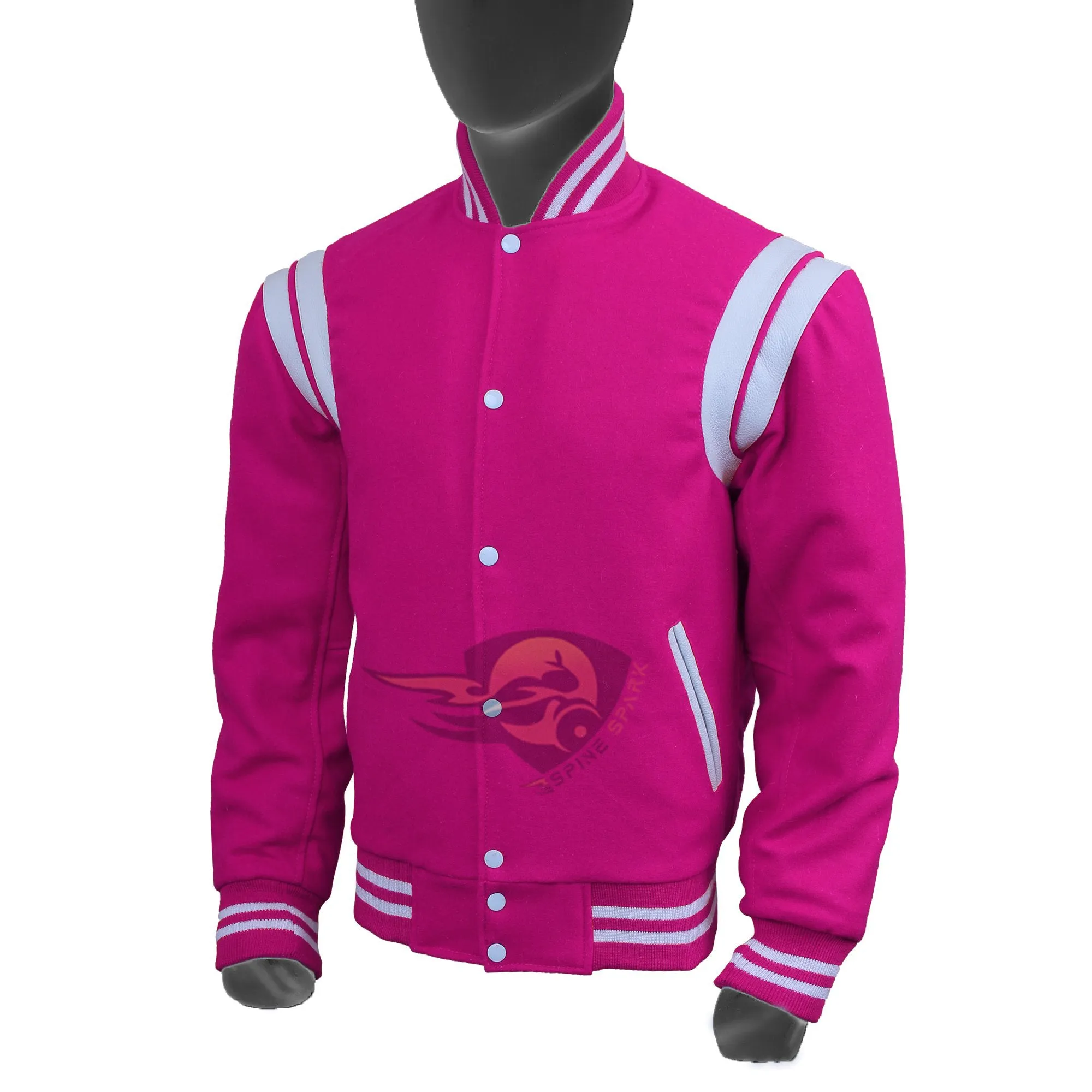 Spine Spark Pink Wool Varsity Jacket White Leather Stripes