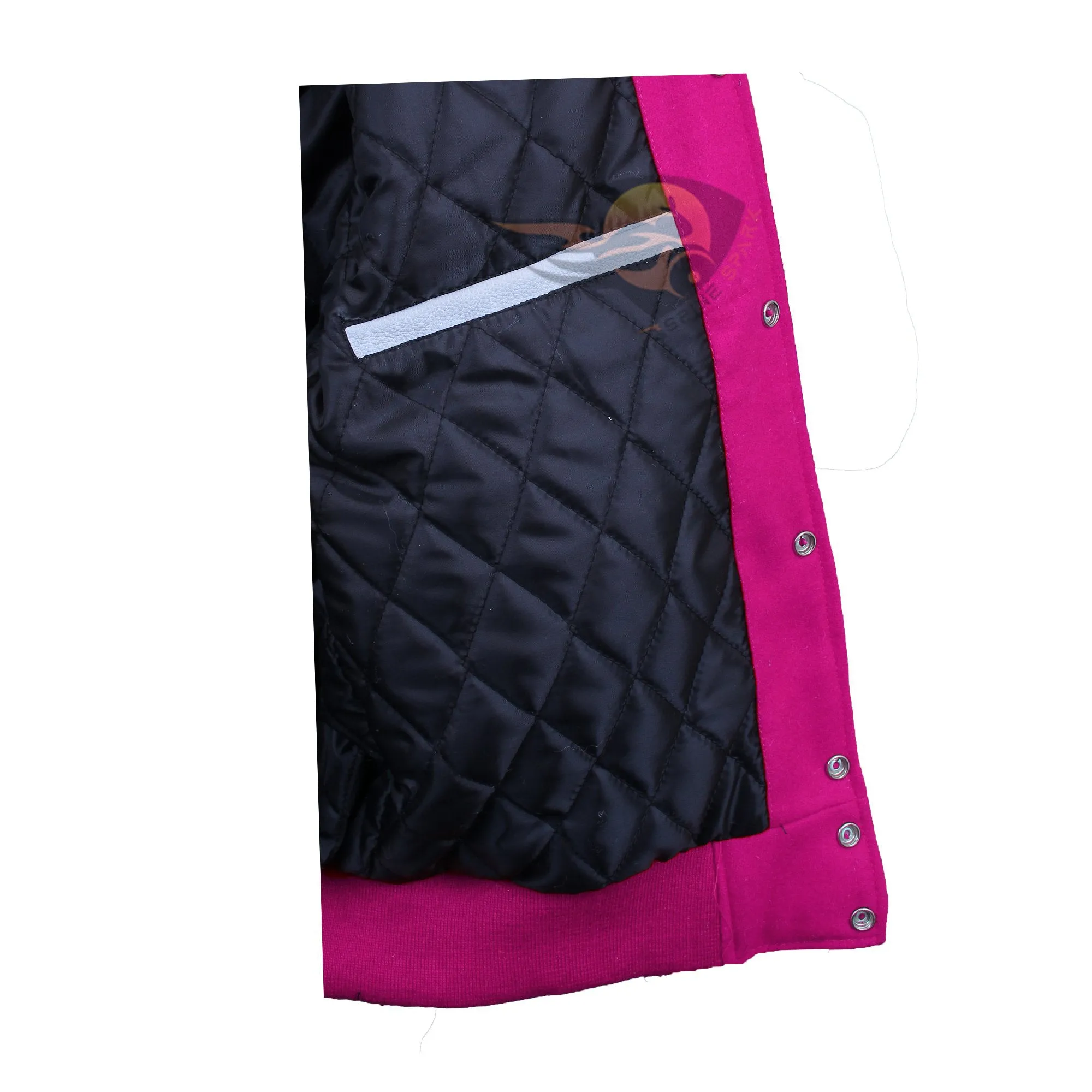 Spine Spark Pink Wool Varsity Jacket White Leather Stripes