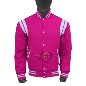 Spine Spark Pink Wool Varsity Jacket White Leather Stripes