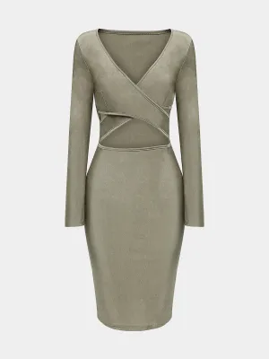 Wholesale Khaki V-Neck Crossed Collar Long Sleeve Crossed Front Cut Out Bodycon Midi Dress