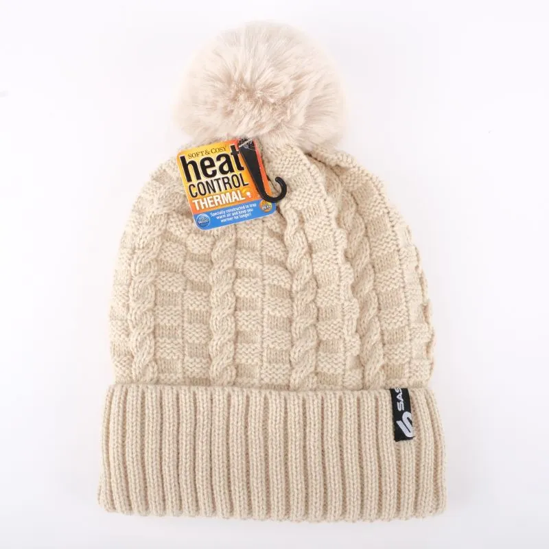 Womens Heat Control Thermal Lined Pom Pom Cable Knit Beanie - One Size Fits Most