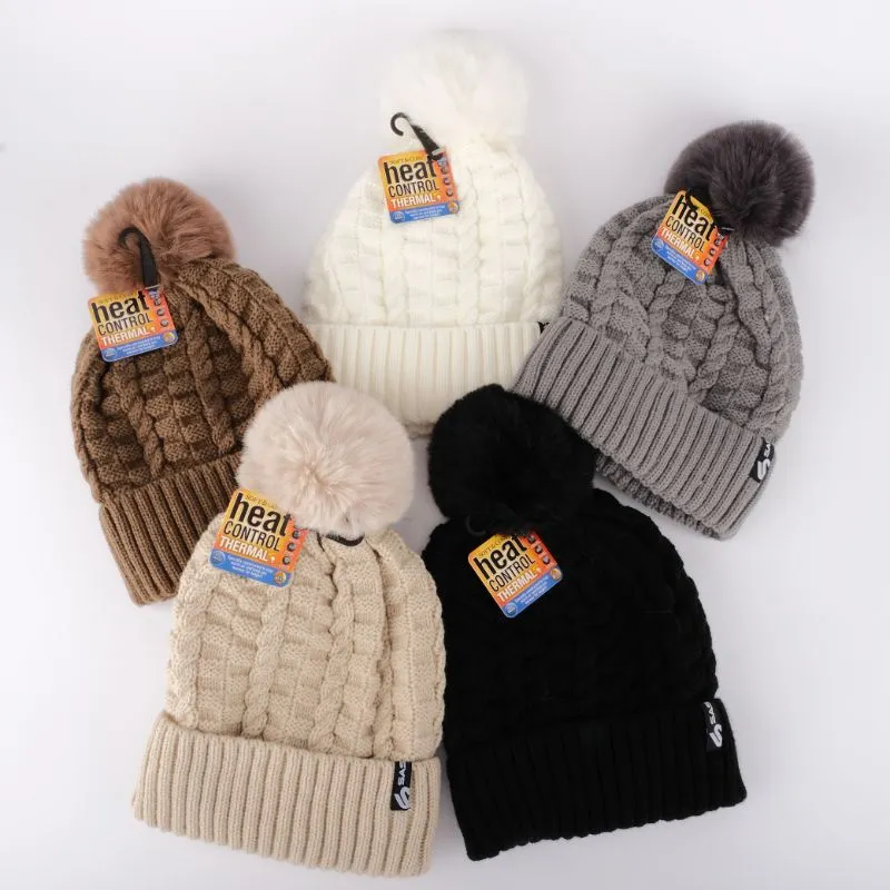Womens Heat Control Thermal Lined Pom Pom Cable Knit Beanie - One Size Fits Most